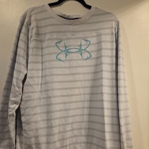 Under Armour Fish Sweatshirt Womens XXL White Gray Striped Pullover Teal Logo